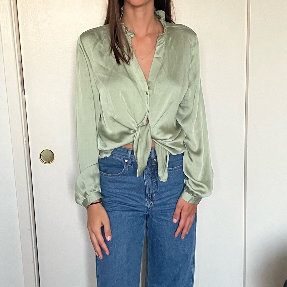 Vince Camuto Ruffle Neck Button Down Blouse